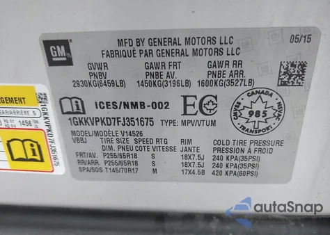 2015 GMC Acadia Sle-2 z USA, uszkodzony, nr VIN 1GKKVPKD7FJ351675